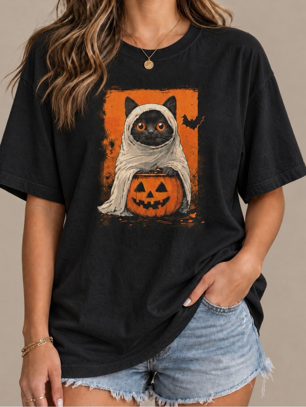 Cute Spooky Black Cat Ghost Pumpkin Pail Halloween Distressed Graphic Tee Shirt